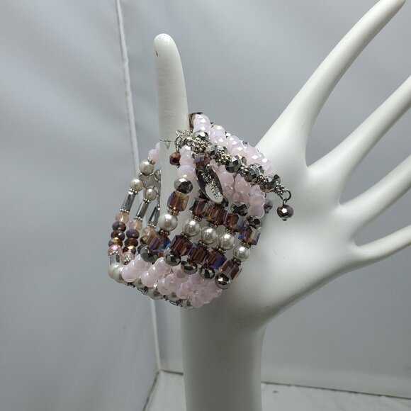 Ali Khan 5 row glass pearl Pink beaded wired wrap opened bracelet - Picture 1 of 7
